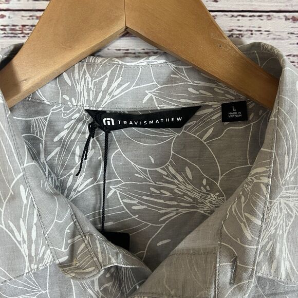 TravisMathew SCOOSH Button Up Shirt Mens L Floral Cotton Tropical Gray Botanical - Picture 2 of 7